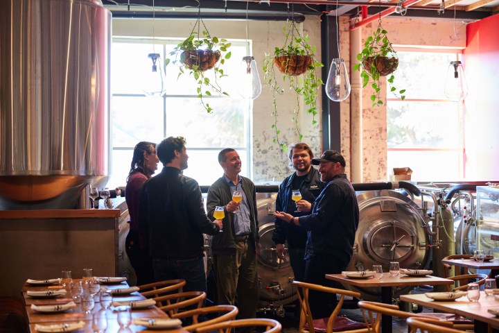 Five people laughing and toasting in a brewery with tanks.