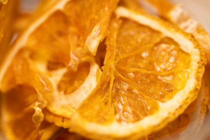 Close-up of dried orange slices with visible texture.